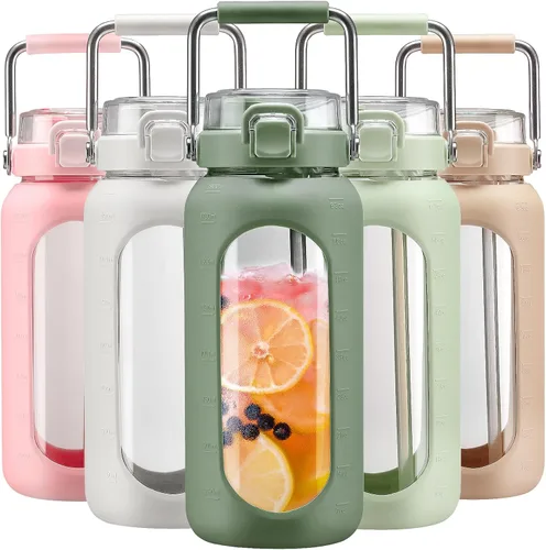 Vista 33 de BLUEGO Botella de agua de vidrio de 64 onzas con mango de acero inoxidable, botella de agua grande con marcadores de tiempo y funda de silicona Ámbar