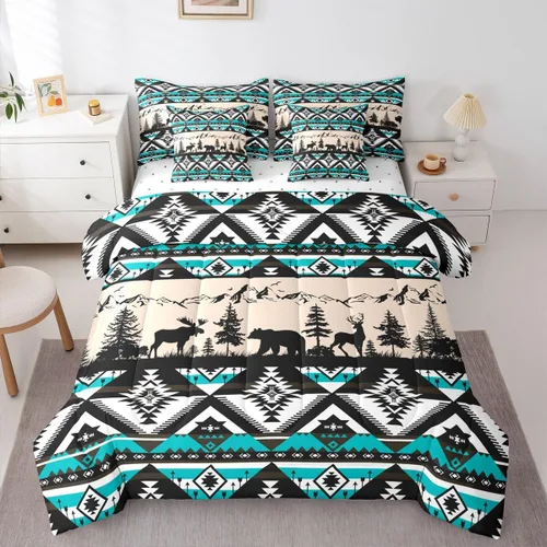 Vista 25 de Feelyou Juego de edredón de ciervo con sábanas – Tamaño Queen 7 piezas Juego de ropa de cama infantil de caza rústica – Cama de ciervo de cabaña