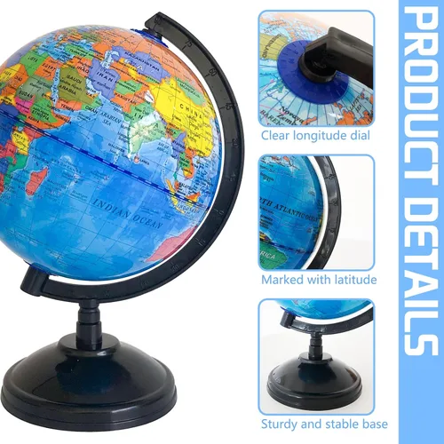 Vista 4 de Globo mundial geográfico de 6 pulgadas para niños, globo educativo con soporte, decoración decorativa giratoria de mapa del mundo, globo político