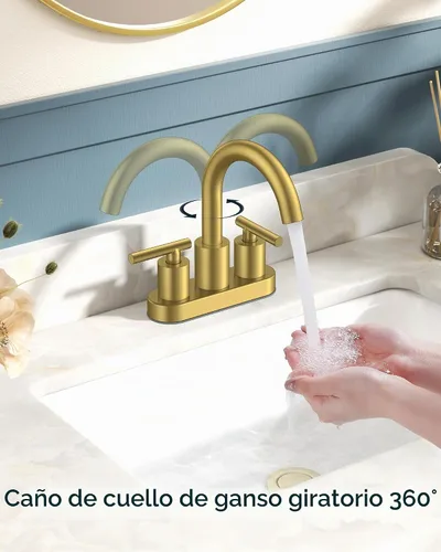 Vista 2 de FORIOUS Grifo de lavabo de baño de oro cepillado de 4 pulgadas, 2 agujeros