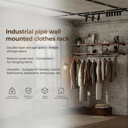Vista 4 de Perchero para ropa de 72 pulgadas, para montar en la pared, con estante de madera real, perchero colgante resistente, barra para colgar multiusos