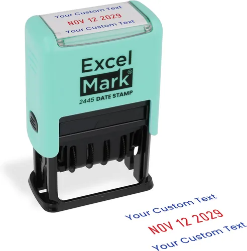 Vista 25 de ExcelMark 2445 Sello de fecha con texto – tinta azul y roja (montaje gris, aprobado)