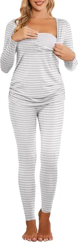 Vista 2 de Ekouaer Ropa interior térmica con botones para mujer, pijama de maternidad con forro polar de microfibra, conjunto de pijamas de invierno largo