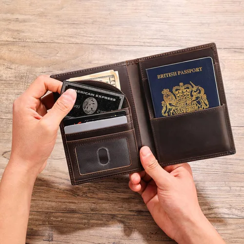 Vista 2 de Polare - Cartera plegable de cuero de grano completo para pasaporte con bloqueo RFID, 2 pasaportes, Marrón oscuro, Slim