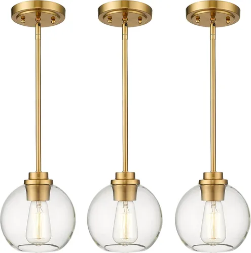 Vista 14 de Luces Colgantes para Isla de Cocina, 7" Luminarias Colgantes Negras y Doradas con Pantalla de Globo de Vidrio Transparente, Iluminación Moderna