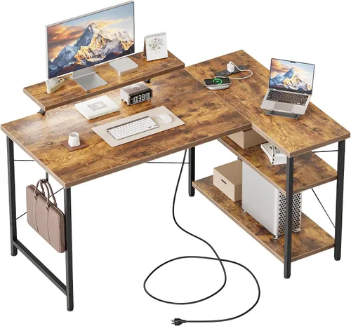 Vista 13 de Mericonia Escritorio pequeño en forma de L para computadora con tomas de corriente, escritorio de juegos para espacios pequeños, escritorio