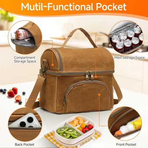 Vista 4 de Lunch Box with Ice Packs, Waxed Canvas Lunch Bag for Men, 10.5L Leakproof Insulated Lunch Cooler for Men Work, Dual Compartment Soft Cooler for