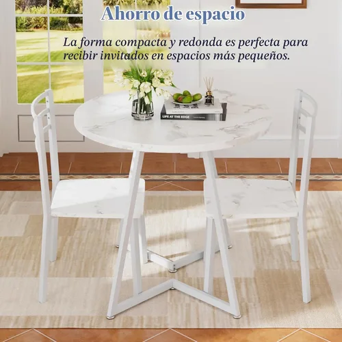 Vista 3 de VECELO Juego de mesa de comedor redonda pequeña para 2, mesa de madera con marco de metal fuerte, comedor moderno con sillas para cocina, rincón