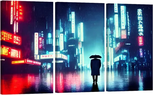 Vista 58 de Lienzo decorativo para pared, diseño de ciudad futurista Cyberpunk para sala de estar, impresión multipanel, obra de arte de cocina, pintura