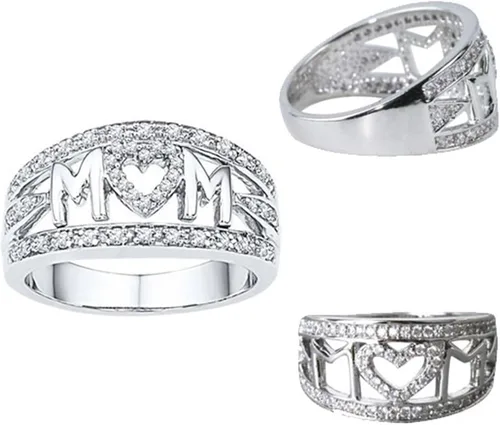 Vista 7 de Anillo de acero inoxidable chapado en oro blanco con diamantes de imitación para mujer, diseño de corazón con incrustaciones de microdiamantes