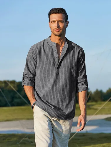 Vista 5 de COOFANDY - Camisa de lino y algodón con cuello Henley, de manga larga, estilo hippie, informal, camisetas de playa
