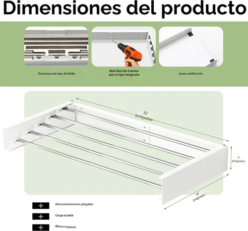 Vista 3 de BOQORAD - Tendedero de pared para ropa de 32 pulgadas, plegable Blanco