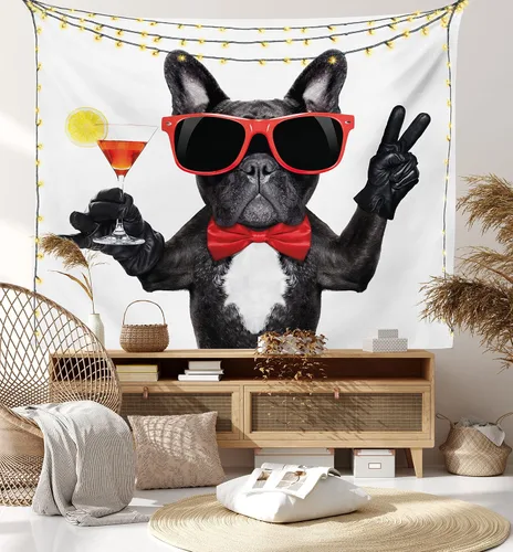 Vista 8 de Lunarable Tapiz divertido, bulldog francés sosteniendo cóctel Martini listo para la fiesta, vida nocturna, impresión de alegría, decoración de tela
