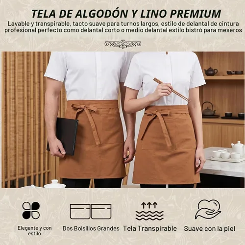 Vista 4 de Delantal de Servidor de Lino Cityelf de Algodón de Media Cocina con Bolsillos Grandes de Cintura de Cocina para Camarera