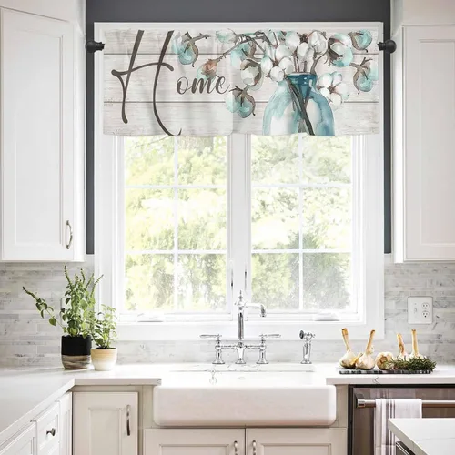 Vista 3 de Cenefas para ventanas, tarro de algodón con bolsillo para barra de cortina de cocina, cenefas de 54 x 18 pulgadas, cortinas cortas para ventana