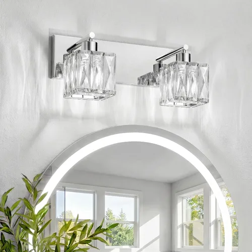Vista 18 de VOLISUN Luces de Tocador de Cristal - 2 Luces Modernas de Acero Inoxidable para Baño Sobre Espejo, Acabado Cromado - Certificado UL