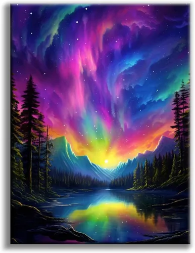 Vista 15 de Kits de pintura de diamantes de cielo estrellado Offito para adultos, kits de pintura de diamantes 5D Aurora Lake para principiantes, fantásticos