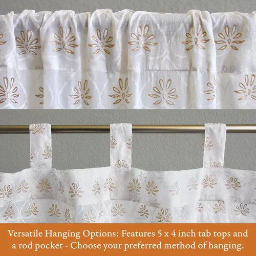 Vista 2 de Panel de cortina transparente blanco y dorado con alzapaños, 100% gasa de algodón, con pestaña superior o bolsillo para barra para decoración