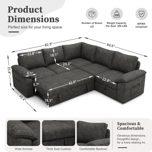 Vista 3 de Sofá modular de 85 pulgadas con cama extraíble, sofá modular de 5 asientos en forma de L con almacenamiento, sofás seccionales para sala de estar