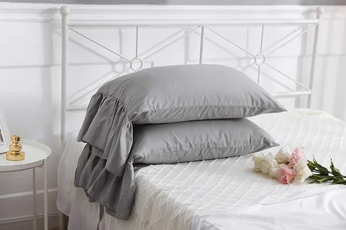 Vista 4 de Fundas de almohada grises con volantes largos de cortinas, fundas de almohada grises de algodón puro, tamaño estándar 20"X26", paquete de 2