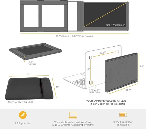 Vista 6 de SideTrak Monitor portátil deslizante de 12.5 pulgadas con funda de transporte, se fija a tu laptop para un fácil viaje, alimentación USB eficiente