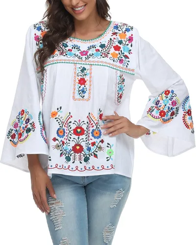 Vista 6 de YZXDORWJ Blusa de verano con bordado bohemio mexicano bohemio para mujer