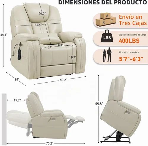 Vista 3 de Sillón reclinable con elevador eléctrico de triple motor EONIX para personas mayores con reposacabezas ajustable, silla de elevación eléctrica