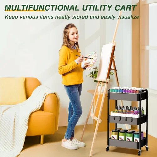 Vista 8 de LEHOM Carrito rodante de 3 niveles, carrito utilitario de metal con ruedas y ganchos bloqueables, organizador multifuncional de almacenamiento