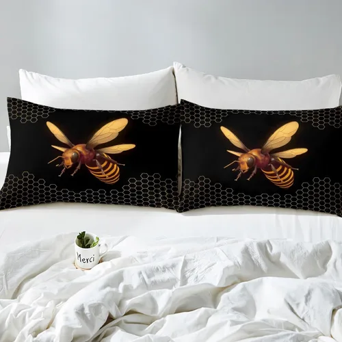 Vista 6 de Erosebridal Honey Bee - Juego de sábanas bajeras negras y doradas, tamaño individual, diseño geométrico de panal de abeja para niños y niñas, funda