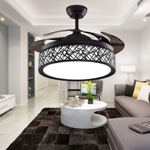 Vista 2 de Ventilador de techo invisible de 42 pulgadas con luz y control remoto, acabado negro, aspas retráctiles, ventiladores con luces LED, 3 cambios