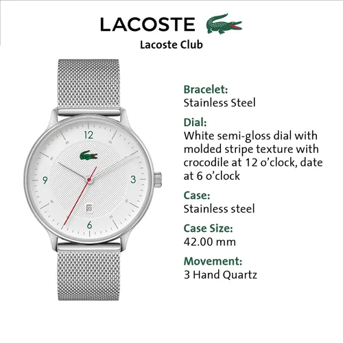 Vista 4 de Lacoste Reloj de cuarzo para hombre con correa de acero inoxidable, plata, 20 (Modelo 201136), Plateado, Reloj de cuarzo