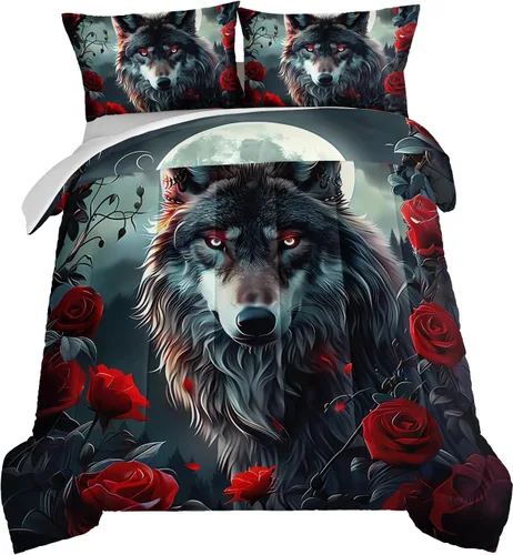 Vista 13 de HOSIMA Edredón de lobo salvaje tamaño individual, ropa de cama con estampado de animales del bosque con 2 fundas de almohada, juego de ropa de cama