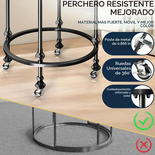 Vista 3 de Perchero redondo rodante, estante de ropa dorado con ruedas y topper Negro