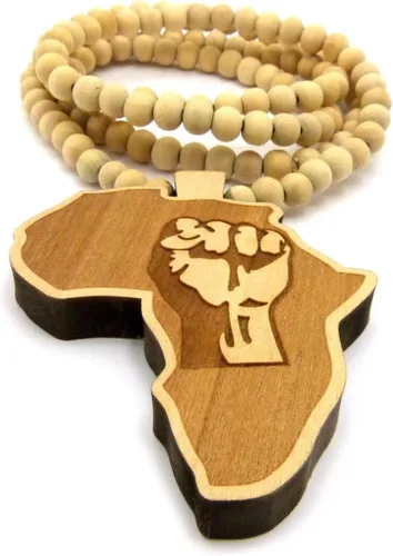 Vista 3 de Collar de cadena de cuentas de madera para hombre de África MAP FIST African Power Unity