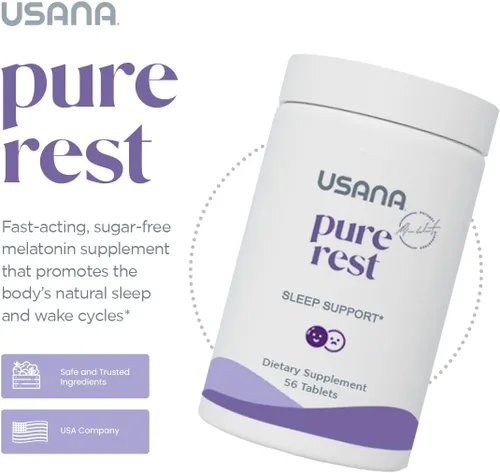 Vista 3 de USANA Suplemento de melatonina Pure Rest para apoyo al sueño* - Acción rápida - Sin azúcar - 56 tabletas