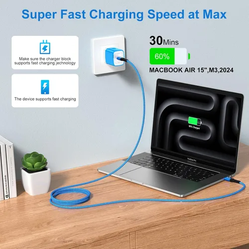 Vista 3 de Cable de carga Samsung de 240 W, cable de carga USBC súper rápido, 6 pies, paquete de 2 cables USB C a USB C, cable de carga de teléfono Android