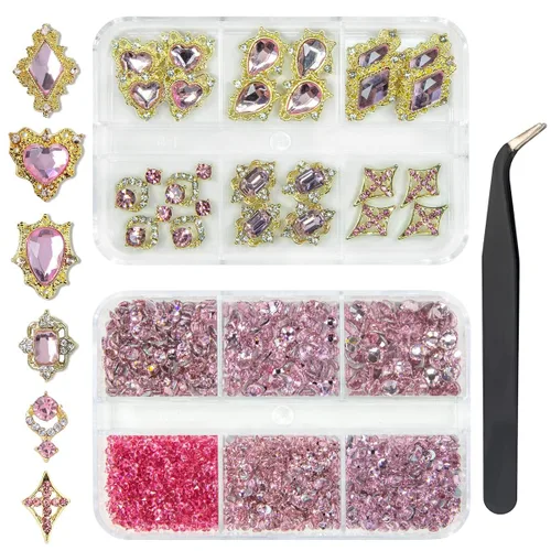 Vista 8 de 24 piezas de piedras brillantes negras para uñas, dijes de uñas de lujo, dijes de corazón negro de jet para uñas, gemas grandes de 3D para uñas