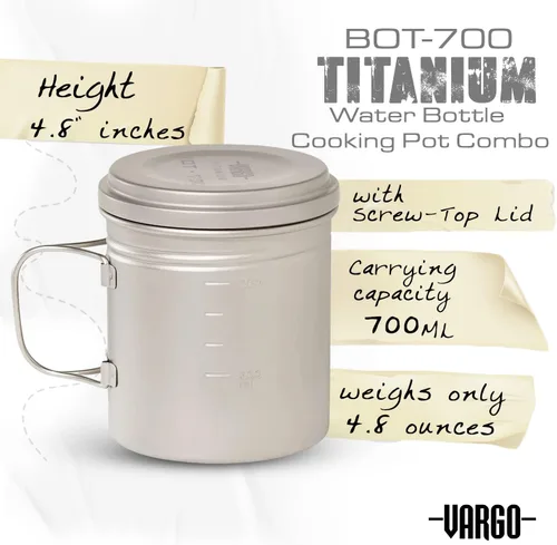 Vista 3 de Vargo BOT - 700 Olla de cocina de titanio y botella de agua con asas plegables y tapa hermética 23.7 fl oz (23 oz.) Modelo duradero y ligero