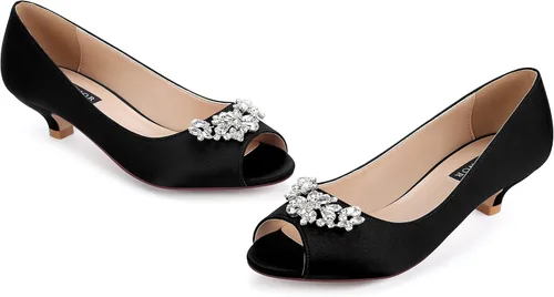 Vista 6 de ERIJUNOR Zapatos de tacón bajo para mujer, con diamantes de imitación, puntera abierta, para boda, fiesta de noche, zapatos de vestir