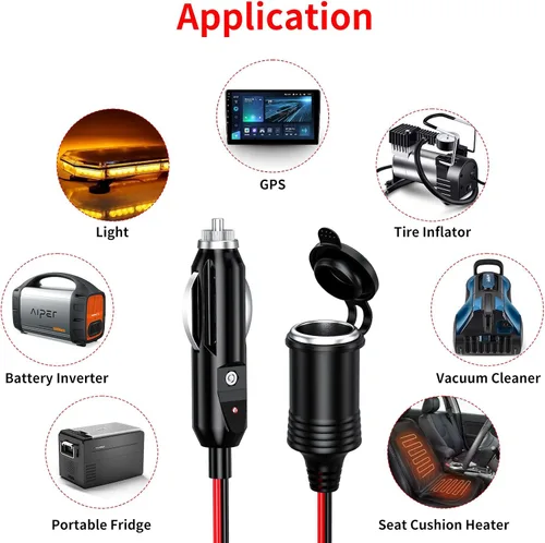 Vista 6 de KEWIG - Cable de extensión para encendedor de cigarrillos de coche de 12/24 V, 4.9 pies, 16 AWG Auto DC Power Plug Connector Heavy Duty Cigarette
