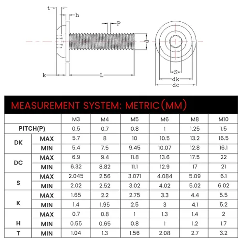 Vista 2 de Tornillos de cabeza de botón con brida M3-0.5 × 6MM 304 Stainlss acero 18-8 totalmente roscados, pernos Allen Socket Drive, 100