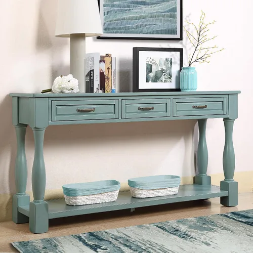 Vista 11 de RuiSiSi Mesa consola de 48 pulgadas con 3 cajones y 2 estantes, mesa de sofá de madera de granja para sala de estar, entrada, pasillo, color blanco
