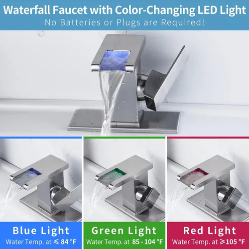 Vista 3 de Grifo de baño en cascada, cascada de grifo LED, níquel cepillado de un solo agujero, grifo de lavabo de baño en cascada, grifo de baño con luz LED