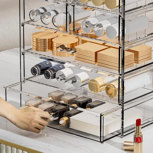 Vista 6 de Organizador de maquillaje grande de acrílico transparente, organizador de joyas, organizador de maquillaje perfecto y almacenamiento para tocador