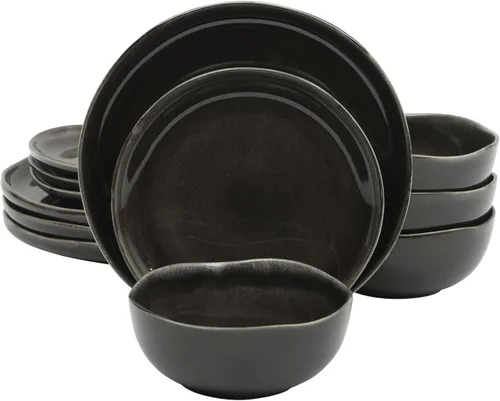 Vista 26 de Gibson Elite Nardini 12 Piezas (Servicio para 4) Platos y Cuencos de Esmalte Reactivo Vajilla de Cerámica de Piedra - Negro y Azul