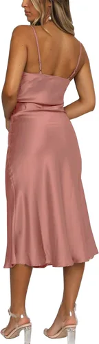 Vista 2 de UTNISAN Vestido de noche formal para mujer con cuello redondo tirantes delgados de satén para invitadas de boda vestido de noche por debajo
