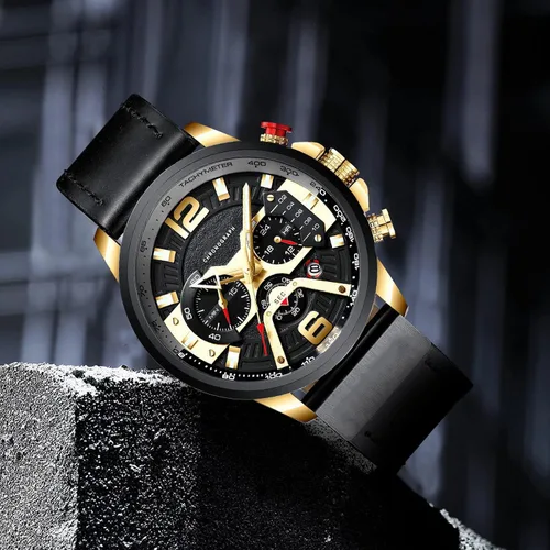 Vista 3 de Reloj de pulsera analógico de cuarzo para hombre, cronógrafo, impermeable, correa de cuero, correa de cuero, reloj de pulsera