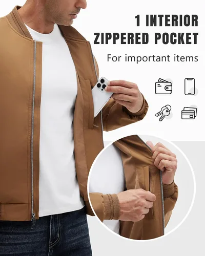 Vista 3 de Polu Chaquetas bomber para hombre con bolsillos, chaquetas cortavientos ligeras, cremallera de 2 vías, abrigo casual de negocios para otoño e