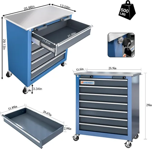Vista 2 de LARBANKE Caja de herramientas combinada con cerradura, 5 cajones, 7 cajones, 2 puertas, el armario de herramientas se puede interconectar, caja