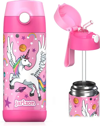 Vista 9 de Jarlson® CHARLI - Botella de agua para niños [12 onzas], botella térmica de acero inoxidable con pajilla, botella de agua aislada a prueba